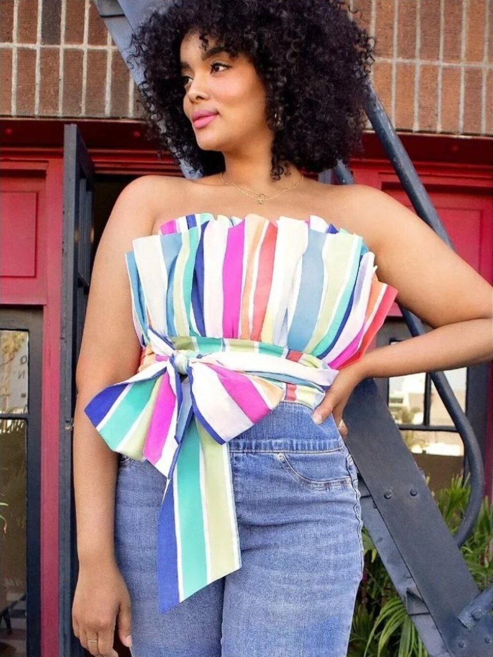 NEW New York & Company Rainbow Stripe Strapless "Cupcake" Blouse Women's S